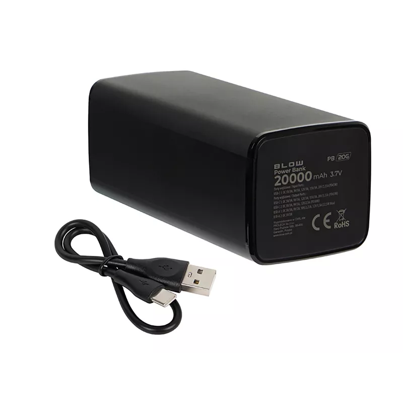 Przenośny powerbank BLOW PB20G 20000mAh PD 65W, wejście/wyjście USB-C, 2 wyjścia USB-A, czarny