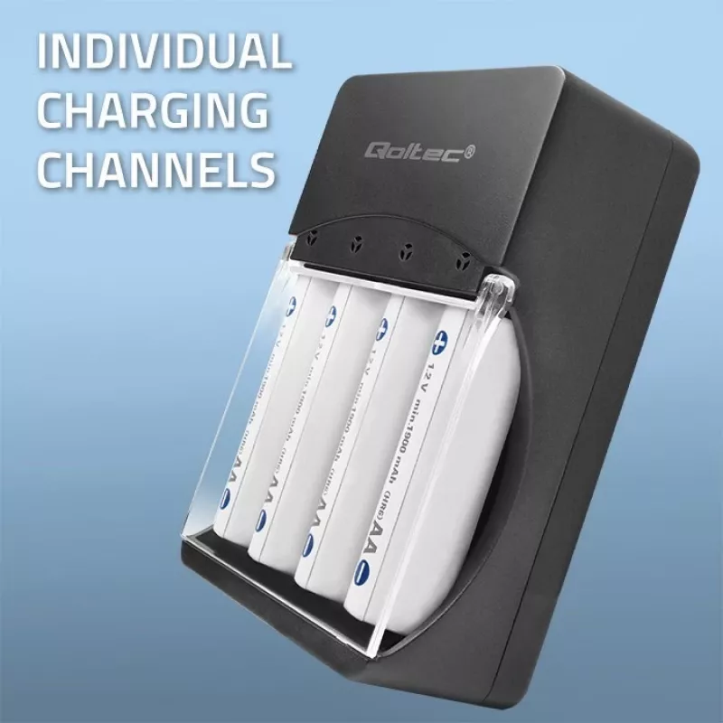 Ładowarka QOLTEC 50653 do akumulatorów Ni‑MH AAA (R03) i AA (R6), wejście 220–240 V, wyjście 1,2 V