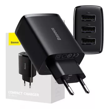 Baseus Compact Quick Charger, 3x USB, 17W (Czarny)