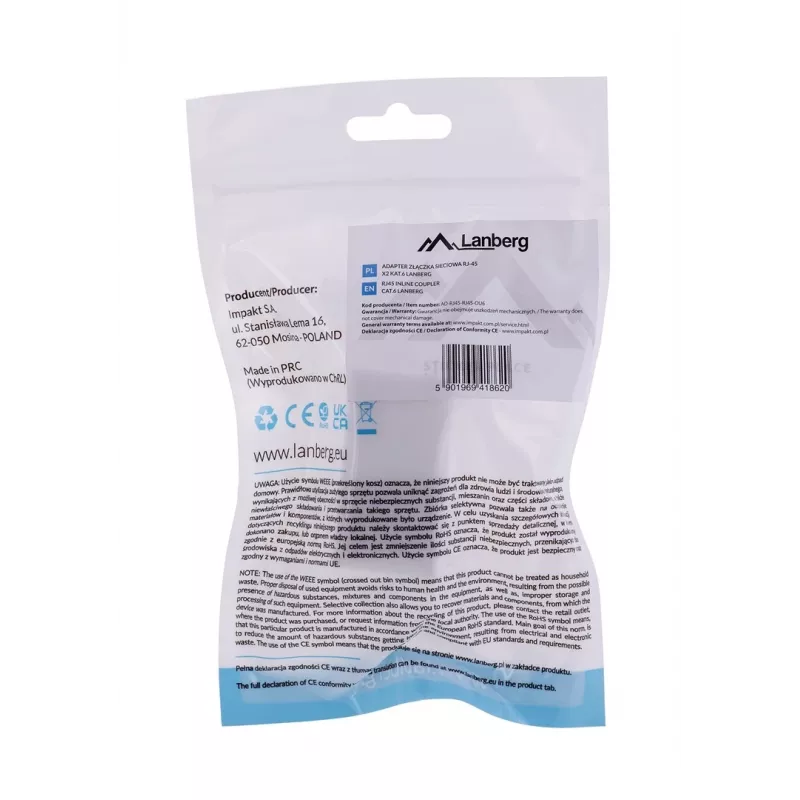Rozdzielacz sieciowy LANBERG AD-RJ45-RJ45-OU6 — biały RJ-45 1 wejście do 1 wyjścia