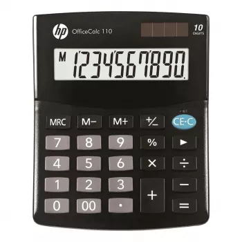 Kalkulator biurkowy HP OC 110 — 10-cyfrowy LCD, bateryjny/słoneczny, CR2032, 24 klawisze, czarny, 101×33×125 mm