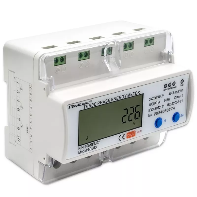 Trójfazowy licznik energii QOLTEC 50883 Wi‑Fi 400V z wyświetlaczem LCD