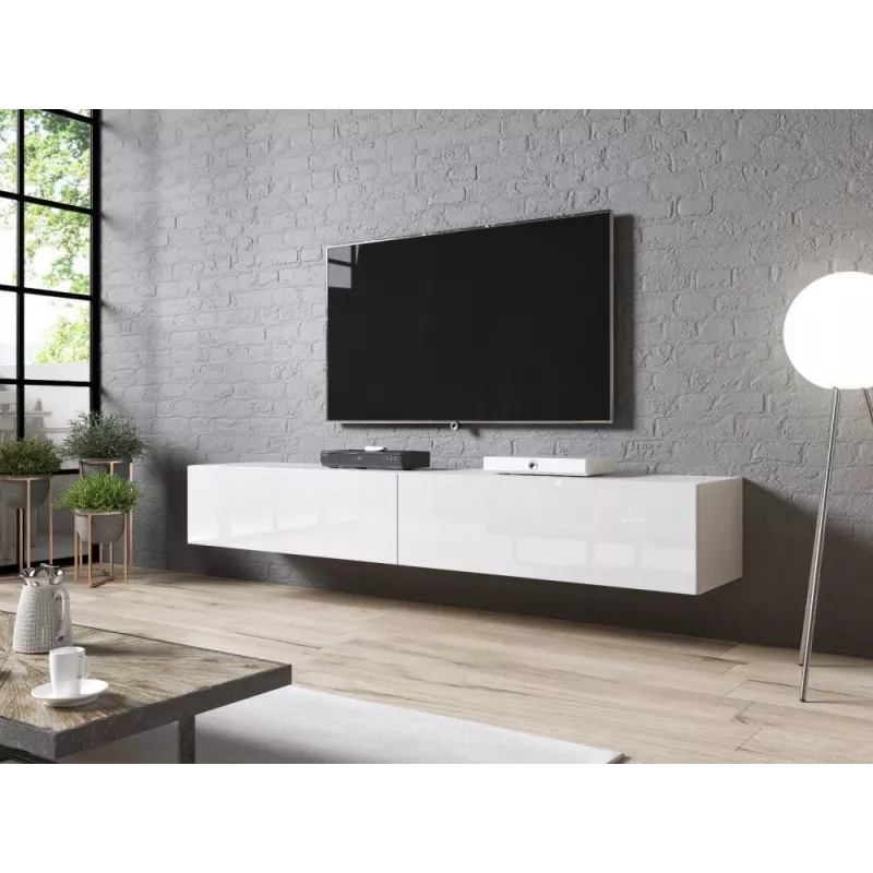 Stolik TV cama meble SLIDE 200 — 2000×400×300 mm, biały połysk MDF blat, biała rama