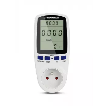 Miernik zużycia energii ESPERANZA ELA103 z wyświetlaczem LCD — 16 A, 3680 W, 230 V, 50–60 Hz
