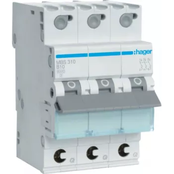 Hager MBS310. Nennstrom: 10 A, AC Eingangsfrequenz: 50/60 Hz. Typ: B-type, Module Menge (max): 3 Modul(e). Breite: 52,5 mm, Tiefe: 70 mm, Hö