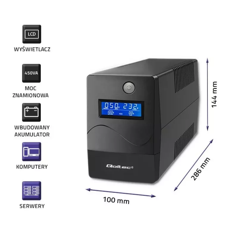 Qoltec Monolith zasilacz awaryjny (UPS) z podwójną konwersją (Online) 0.45 kVA 240 W 2 gniazda wyjściowe