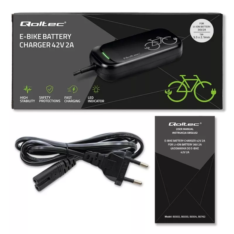 Ładowarka do roweru elektrycznego QOLTEC 50332 — wyjście 36V/42V, 2A, wtyk 5,5×2,1 mm
