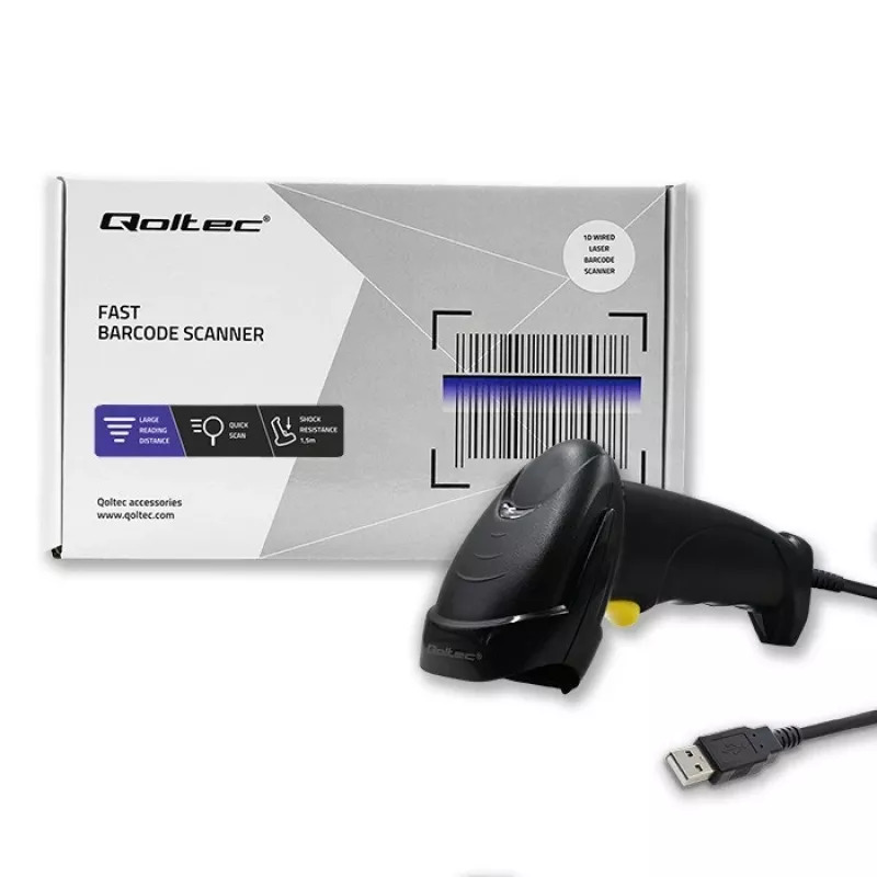 Qoltec 1D Laserowy Czytnik Kodów Kreskowych | USB | Czarny