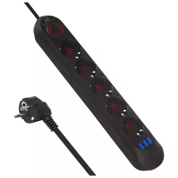 Listwa zasilająca MACLEAN MCE395 B — 5 gniazd, 3×USB, 110–240 V AC, 2,1 A USB, 2500 W, przewód 1,5 m, czarna