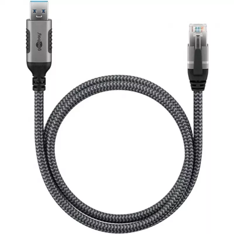 Kabel Ethernet USB-A 3.2 Gen1 Wtyk > Wtyk RJ-45, Adapter LAN czarny/srebrny, 3 metry, oplot tekstylny