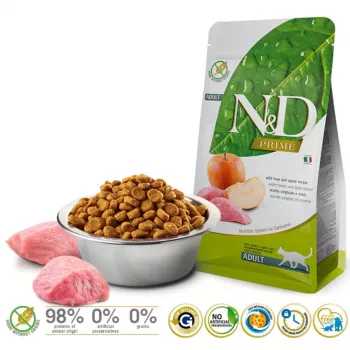 Sucha karma dla kota Farmina N&D Prime Adult 5 kg — Dzik i jabłko, białko 44%, tłuszcz 20%
