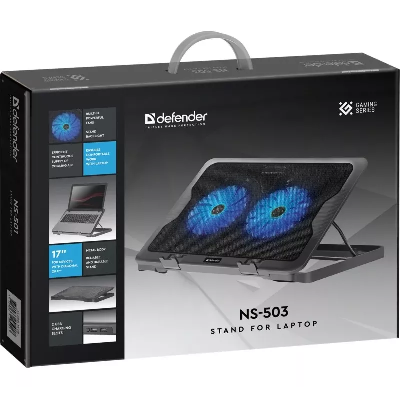 Podkładka chłodząca do notebooka DEFENDER NS-503 dla laptopów 43,2 cm (17 cali), 2 wentylatory, zasilana USB, czarna