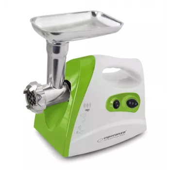Maszynka do mielenia mięsa ESPERANZA EKM012G — 600 W, ostrze ze stali nierdzewnej, końcówka do kiełbas, nakładka do kebbe, bieg wsteczny, nóżki antypoślizgowe, biało-zielona