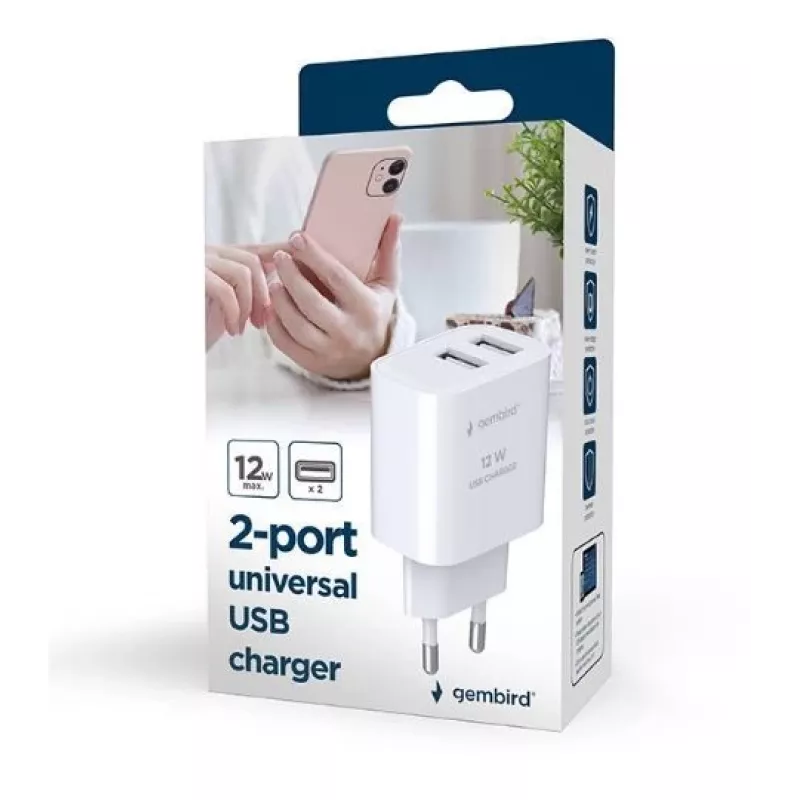 Ładowarka Gembird TA-UC-2A12-01 Wewnętrzna AC 2.4A 2 USB Biała