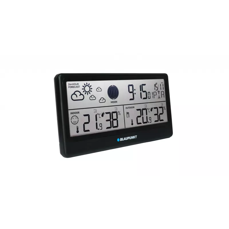Stacja pogodowa BLAUPUNKT WS20BK — wyświetlacz temperatury i wilgotności wewnątrz/na zewnątrz, czarna, 1 czujnik, LCD, zasilana bateriami