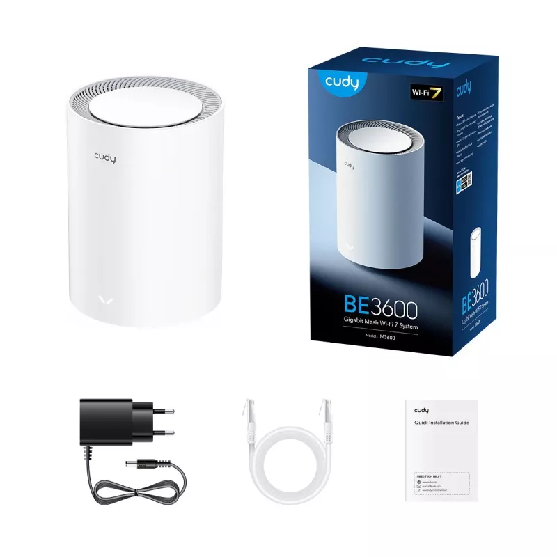 System mesh Cudy M3600 dwuzakresowy Wi‑Fi 7 (802.11be), 2882 Mbps, 3x LAN, 4 anteny wewnętrzne, biały