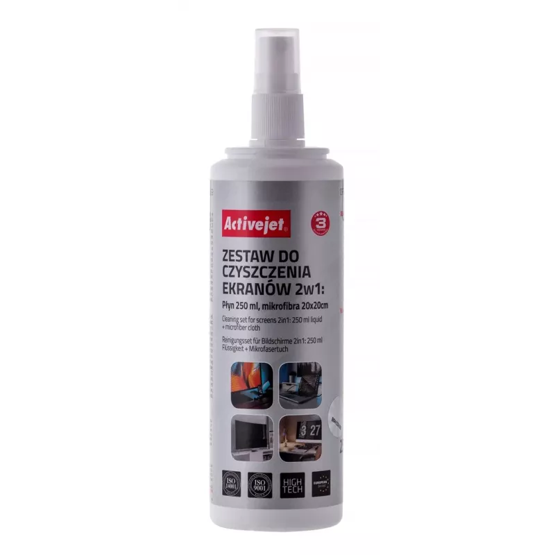 Zestaw do czyszczenia sprzętu – ściereczki i płyn ActiveJet AOC-269, ściereczka z mikrofibry 200x200 mm, spray 250 ml, 2 szt.