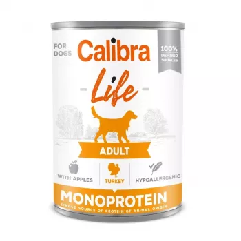 Mokra karma dla psów Calibra Life Adult Turkey with Apples 400 g — pełnoporcjowa karma w puszce, 9% białka, 7% tłuszczu, bez zbóż