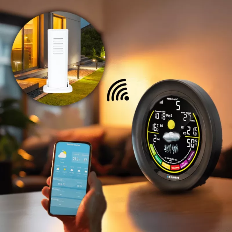 Stacja pogodowa BLAUPUNKT WS35BK APP — wyświetlacz LCD, temperatura i wilgotność, alarm, kalendarz, łączność z aplikacją, 94×94×27 mm