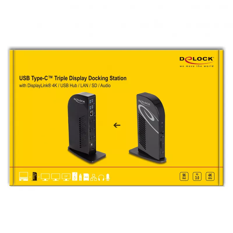 DeLOCK Stacja dokująca USB Type-C Triple Display 4K USB Hub LAN Audio PD 96W