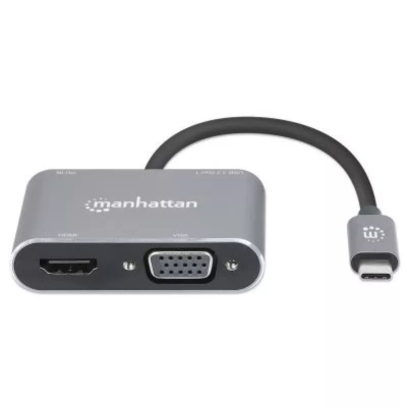 Manhattan Stacja dokująca / hub USB-C, porty (x4): HDMI, USB-A, USB-C i VGA, z Power Delivery (PD) 87 W - wymaga zewnętrznej ładowarki USB-C (nie dołączono). Zasilanie przez USB (nie wymaga zewnętrznego zasilacza), gdy PD nie jest używane, aluminium
