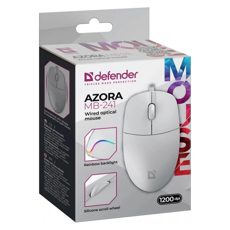 Mysz przewodowa DEFENDER AZORA MB-24 — symetryczna optyczna USB, 1200 DPI, 3 tryby rozdzielczości, biała, 109×86×34 mm