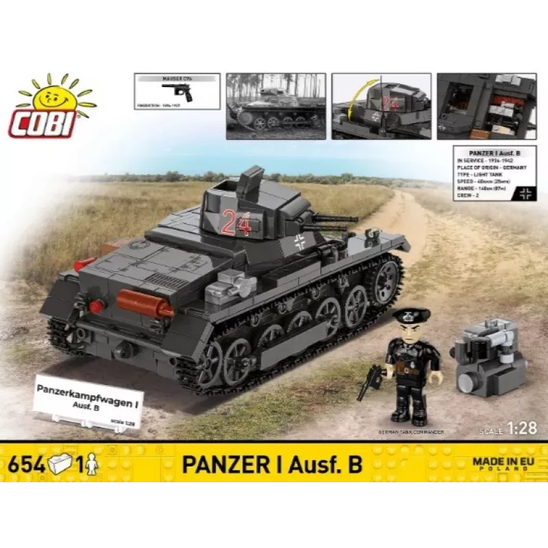 Zestaw konstrukcyjny Cobi Panzer I Ausf. B – 654 elementy, szczegółowy model czołgu
