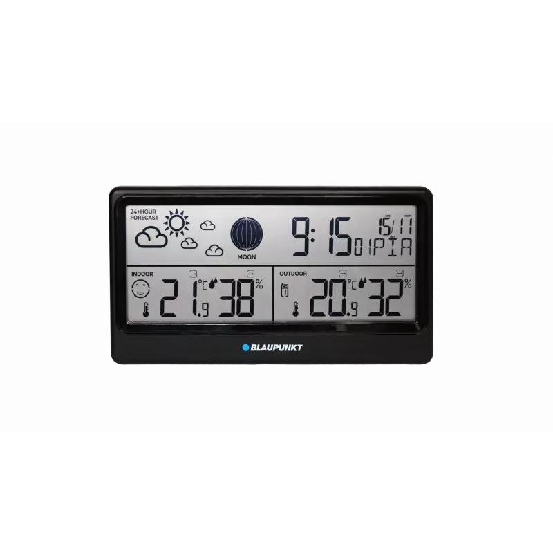 Stacja pogodowa BLAUPUNKT WS20BK — wyświetlacz temperatury i wilgotności wewnątrz/na zewnątrz, czarna, 1 czujnik, LCD, zasilana bateriami