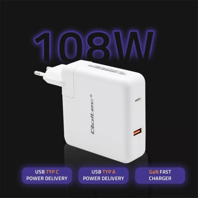Qoltec GaN Charger FAST 108W | 5-20V | 3-4.7A | USB C | Biały