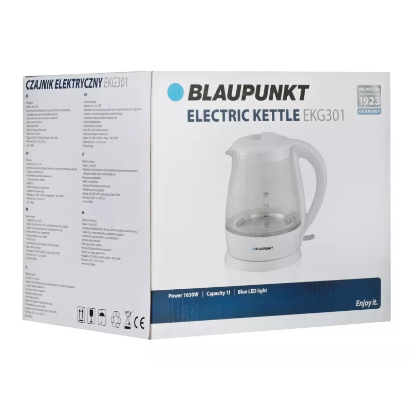 Czajnik elektryczny BLAUPUNKT 1 L 1630 W biały — szklany korpus, obrotowa podstawa 360°, pokrywa otwierana przyciskiem