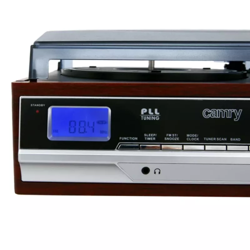 Gramofon audio Camry CR 1168 — czarny z wykończeniem drewnopodobnym, 33/45 obr./min, wbudowane głośniki, wyjście RCA