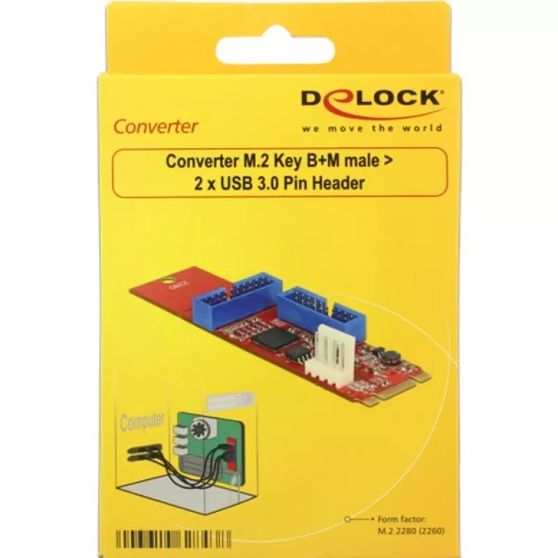 Delock Konwerter M.2 Key B+M męski > 2 x USB 3.0 Pin Header - Adapter USB - Karta M.2 - USB 3.0 (wewnętrzny) x 2 (62843)