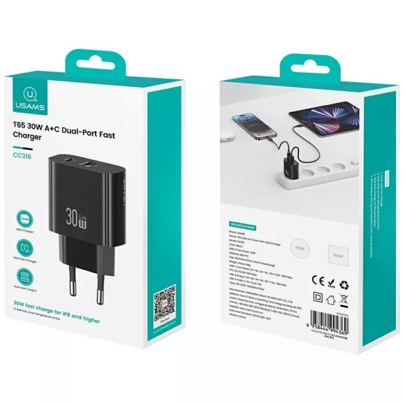 Ładowarka USAMS USA001631 30W z 1x USB-C i 1x USB-A szybkie ładowanie