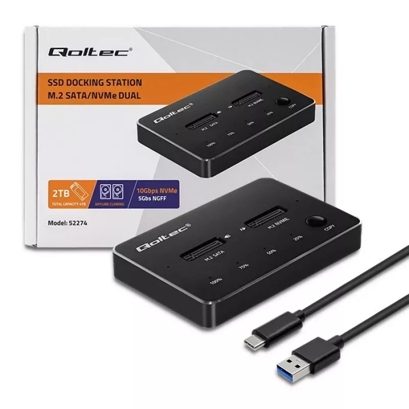 Qoltec 52274 Stacja dokująca do dysków M.2 SSD | NVMe | SATA | USB-C | DUAL 2 x 2TB