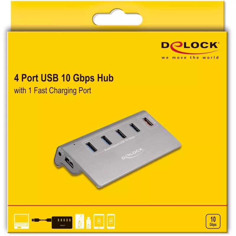 DeLOCK USB Hub 10 Gbps 4 porty Type-A 1 port szybkiego ładowania