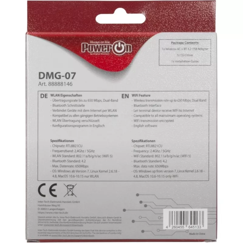 Inter-Tech DMG-07 - Bezprzewodowy - USB - Wi-Fi / Bluetooth - Wi-Fi 5 (802.11ac) - 650 Mbit/s - Czarny (88888146)