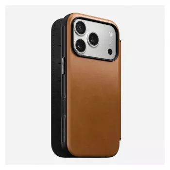 Etui z klapką Nomad Modern Leather Folio do iPhone 17 Pro, skóra + aluminium, 6,3 cala (16 cm), Tan, 3 kieszenie na karty