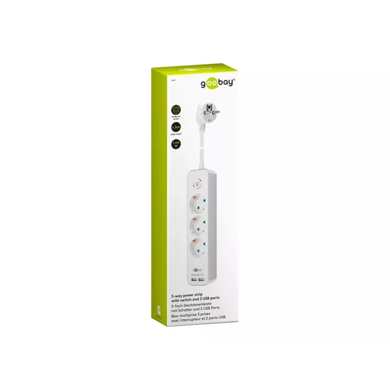 Listwa zasilająca Goobay 3-dzielna z włącznikiem i USB, kabel 1,5 m, typ F