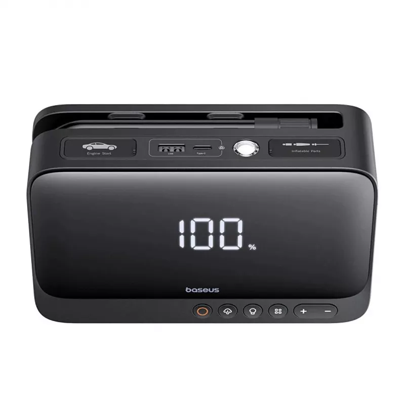 Ładowarka przenośna Baseus Super Energy 6000 mAh — rozruch awaryjny, LiPo 6000 mAh, 300 A prąd rozruchowy, 150 PSI, wbudowany wyświetlacz i latarka, USB-C + USB-A, czarna