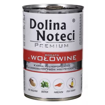Mokra karma dla psa Dolina Noteci wołowina i wieprzowina dla psów dorosłych puszka 400 g, białko 11%, tłuszcz 6%, wilgotność 78%