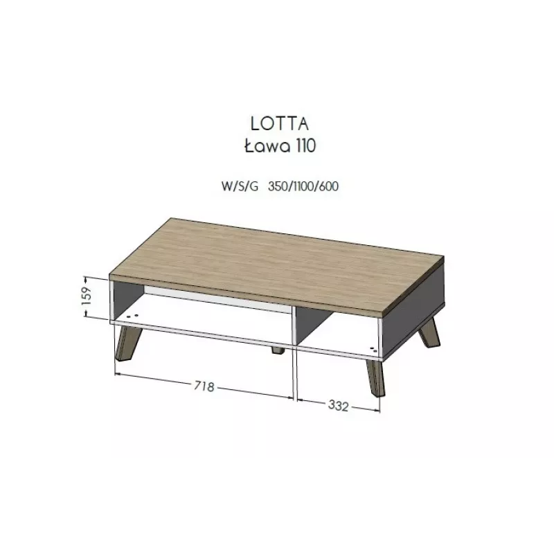 Stolik kawowy cama meble LOTTA 110 — prostokątny, 1100×600×350 mm, biała rama z blatem w kolorze dębu sonoma