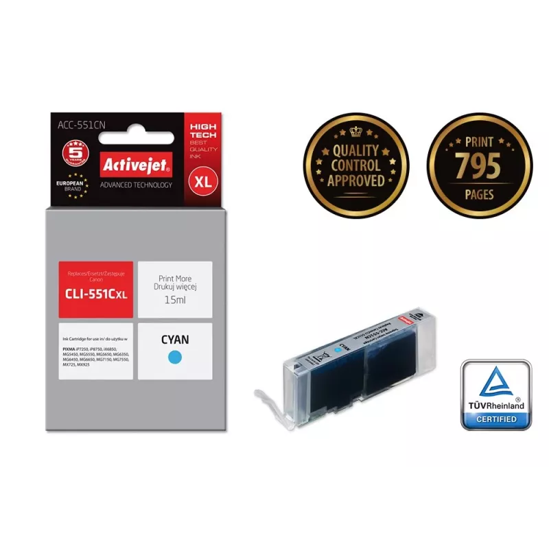Activejet ACC-551CN Wkład atramentowy (zamiennik Canon CLI-551C; Supreme; 15 ml; cyjan)