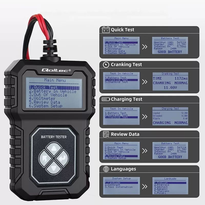 Cyfrowy tester akumulatorów Qoltec z wyświetlaczem LCD | Menu w języku polskim | 12V | AGM | GEL | STD | 30-220AH