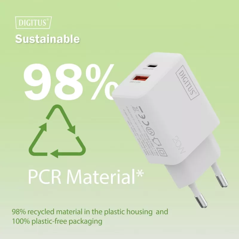 Ładowarka sieciowa USB DIGITUS 20W, 1x USB-C, 1x USB-A, wejście 100–240V, biała