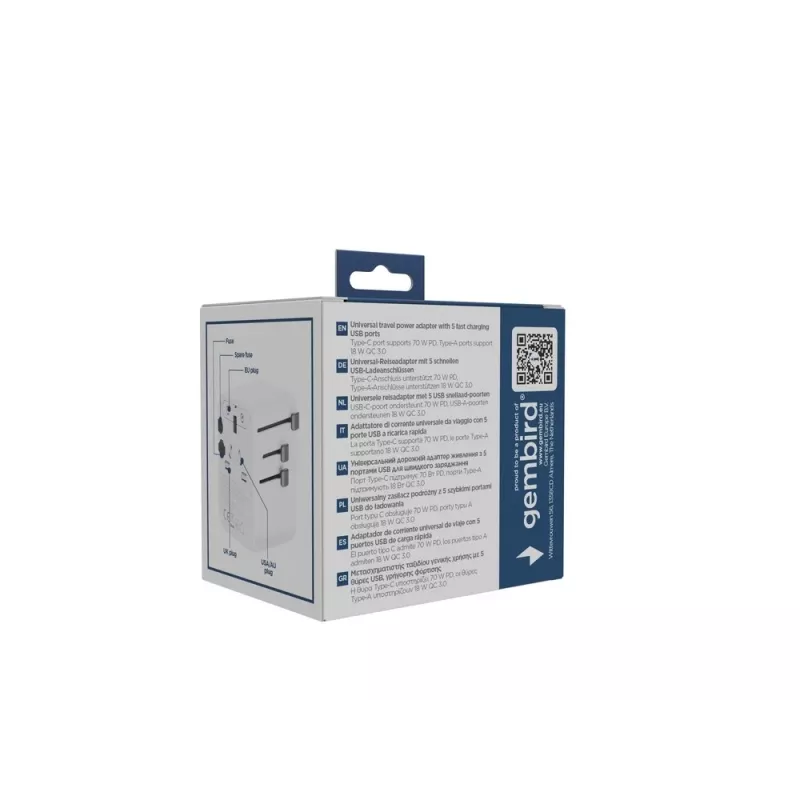 Adapter podróżny GEMBIRD TPA-2A3C70-01-W — wtyczka typu I, 3× USB-C (70W), 2× USB-A (18W), 100–250V, biały