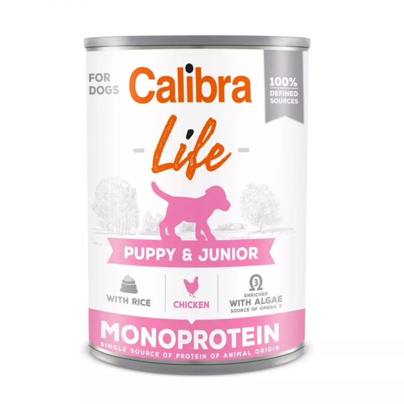 Mokra karma dla psów Calibra Puppy & Junior Chicken with Rice 400 g — pełnoporcjowa karma na okres wzrostu dla szczeniąt, wilgotność 78%, białko 9,5%, tłuszcz 7%