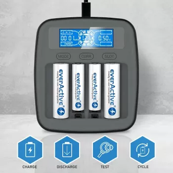 Ładowarka everActive NC1000MV2 — Ni‑MH 4-slotowa ładowarka USB‑C, 4 ogniwa, 5V, czarny, 110×99×38 mm