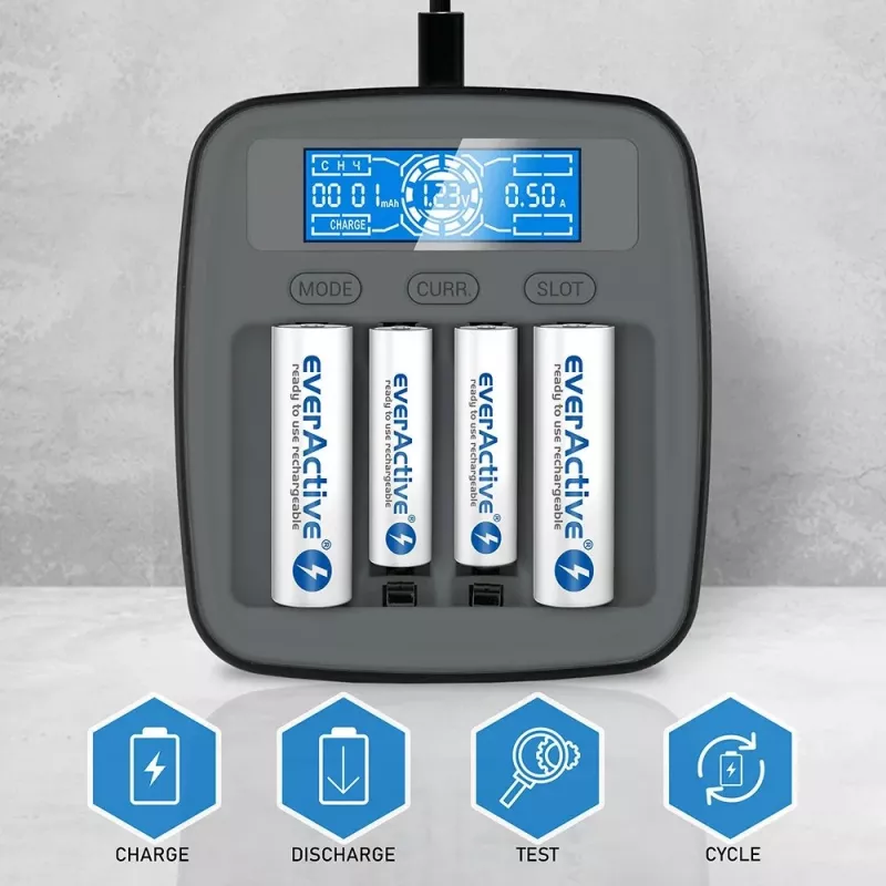 Ładowarka everActive NC1000MV2 — Ni‑MH 4-slotowa ładowarka USB‑C, 4 ogniwa, 5V, czarny, 110×99×38 mm