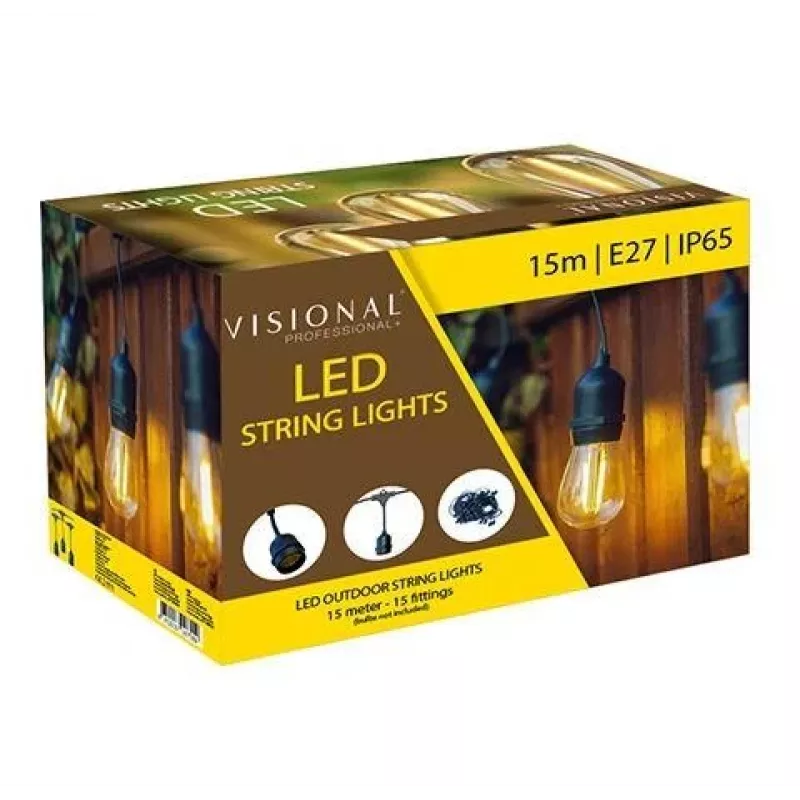 Lampki ogrodowe LED VISIONAL z 15 gniazdami E27, długość 15 m, odstęp 1 m, czarny kabel (H05VV-F 2x0.75)
