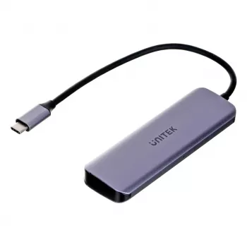 Hub USB Unitek P5+ — 5 portów (4 × USB 3.2 Gen 2 Type-A), host USB 3.2 Gen 1, 5 Gbit/s, 10 W PD, aluminium, szary